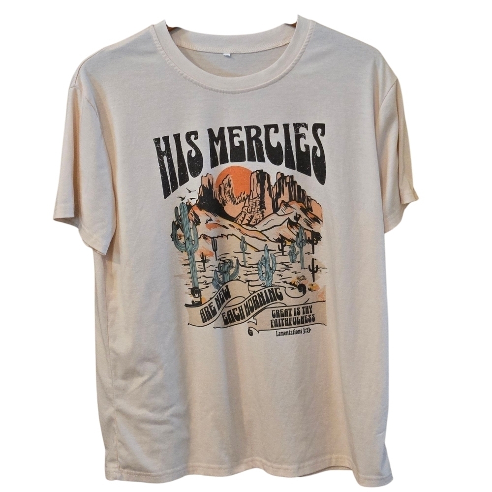 "His Mercies" Cream Graphic Short Sleeve T-Shirt Faith-based Women XL Unisex